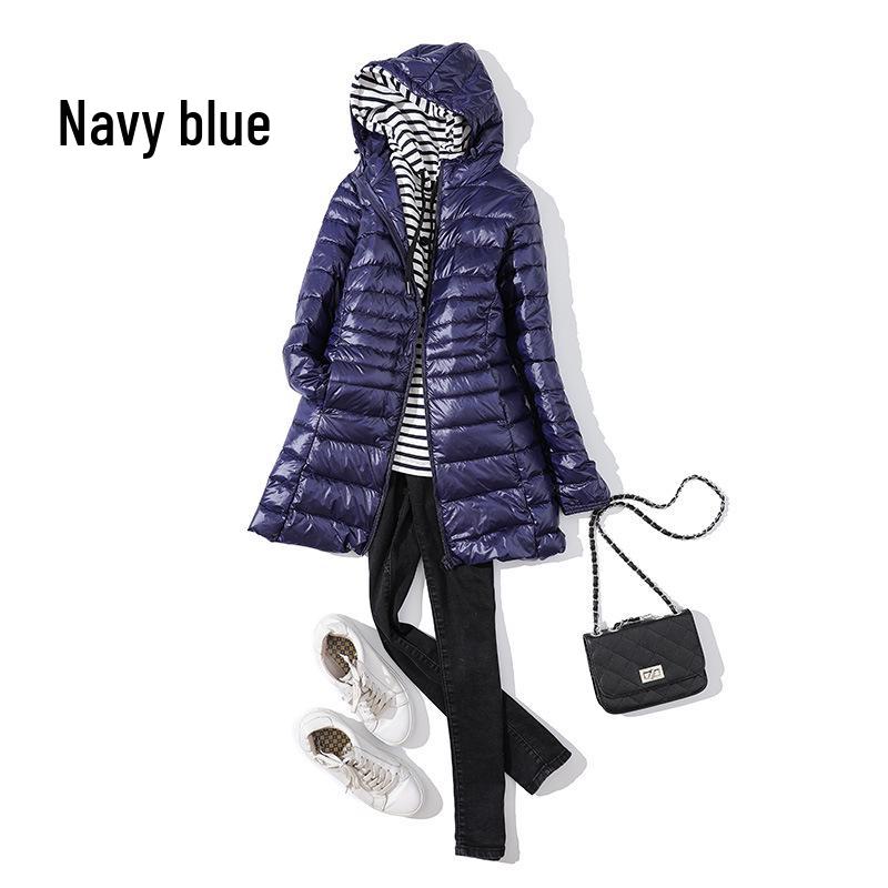 Women's Mid-Length Lightweight Hooded Down Jacket - 2025 Autumn/Winter Slim Fit Plus Size Outerwear