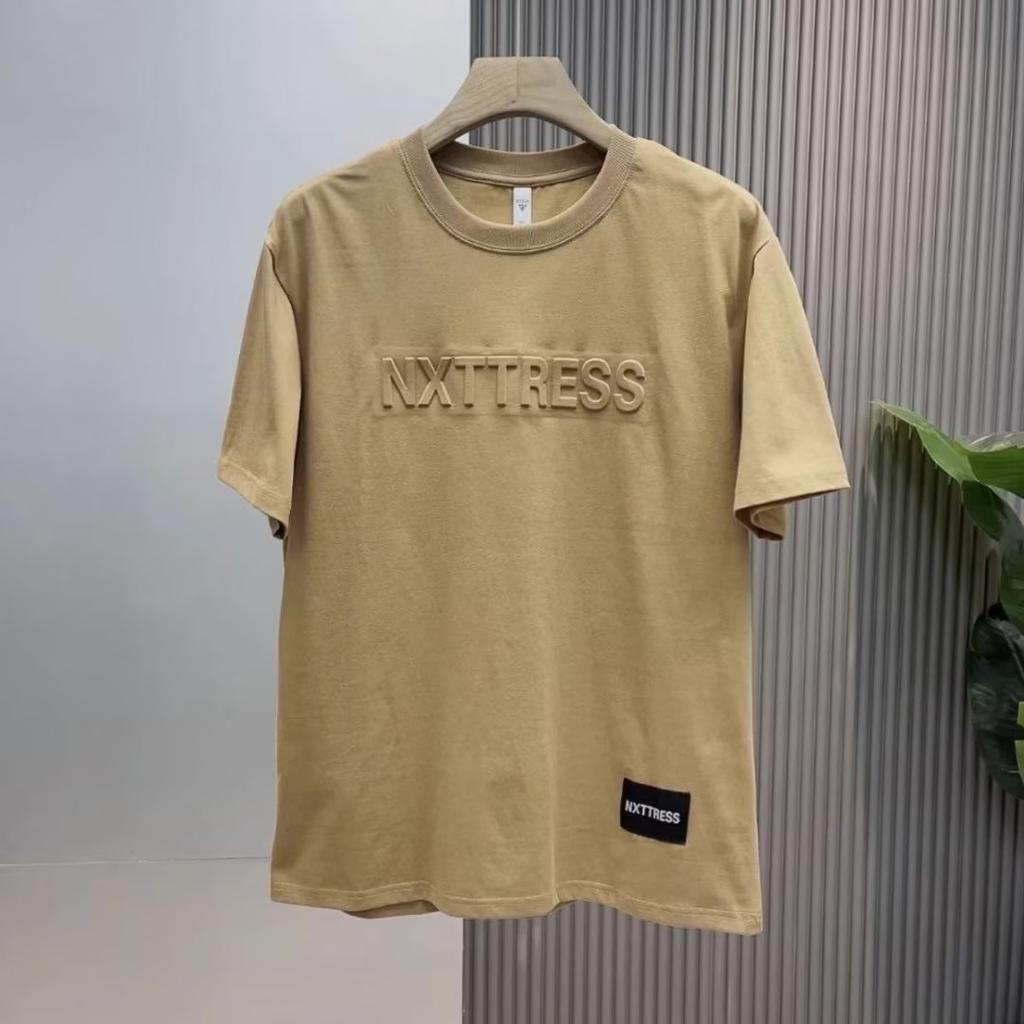 European 3D Pure Cotton Three-Dimensional Letter Short-Sleeved Textured T-Shirt Men'S Top Handsome Loose Bottoming Shirt Steel Stamp Trend Half