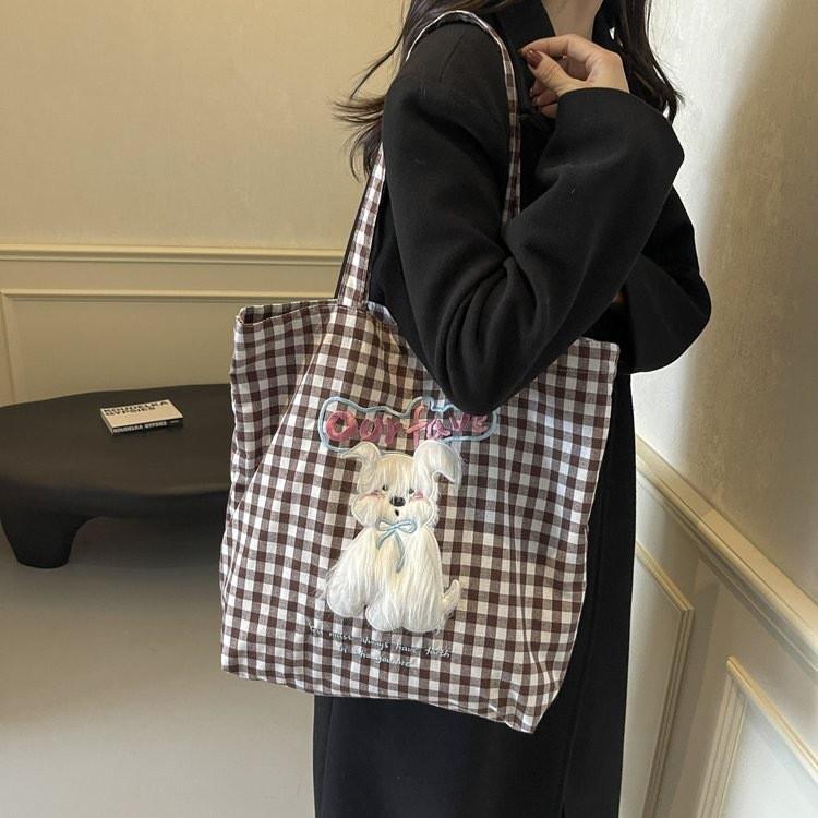 Checkered Embroidered Puppy Printed Canvas Shoulder Bag Outdoor Crossbody Bag