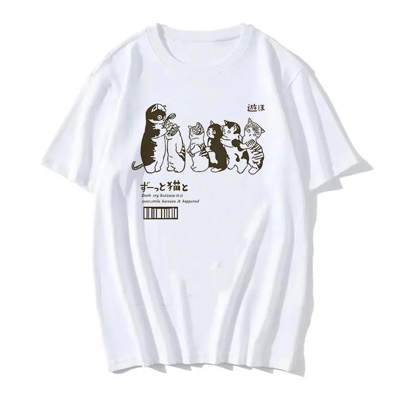 90s Women T Shirt Korean Version Cartoon Cat Group Printed T-Shirt Casual Short Sleeve Couples T-Shirt Funny Cat Streetwear
