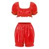 Womens Waterproof Vinyl Ruffled Pajamas Set Short Puff Sleeve Crop Top Bloomers Shorts