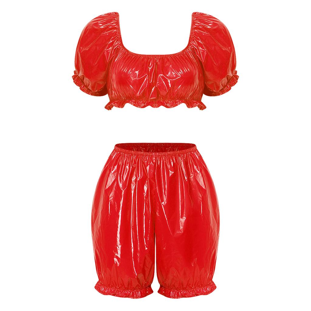 Womens Waterproof Vinyl Ruffled Pajamas Set Short Puff Sleeve Crop Top Bloomers Shorts