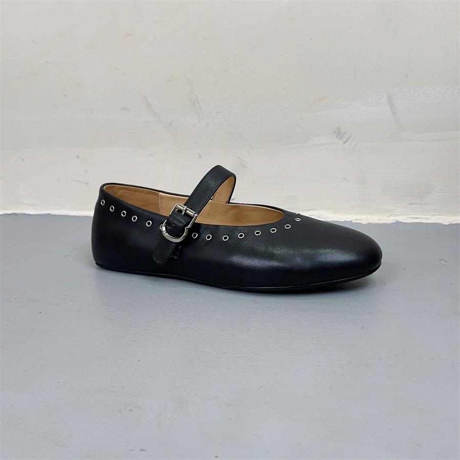 Johnature Retro Mary Janes Shoes Comfortable Round Toe Rivet Shallow Buckle Strap Women's Flat Shoes