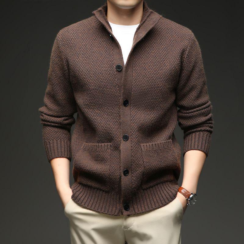 

Men s Knitted Stand-up Collar Cardigan: Trendy Autumn/Winter Fashion Sweater with Long Sleeves and Thickened Design. 2XL кавовий