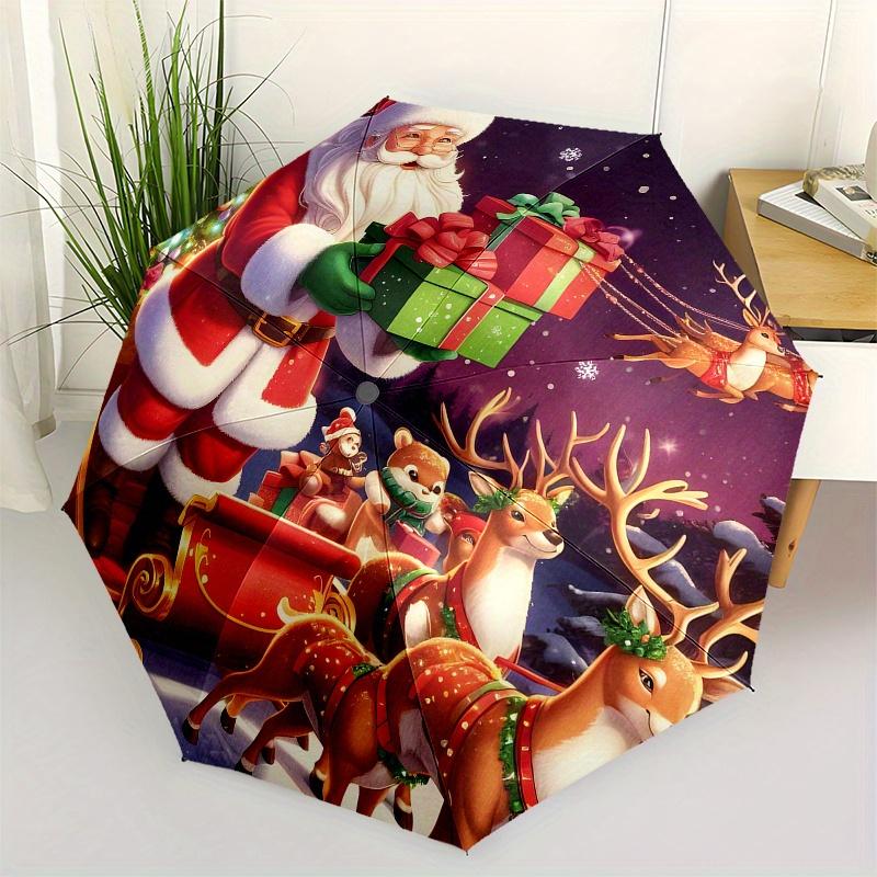 Santa Claus & Reindeer Christmas Sleigh Decorative StickerUmbrella, Portable 3-Fold Compact Umbrella,Christmas Gift ES429