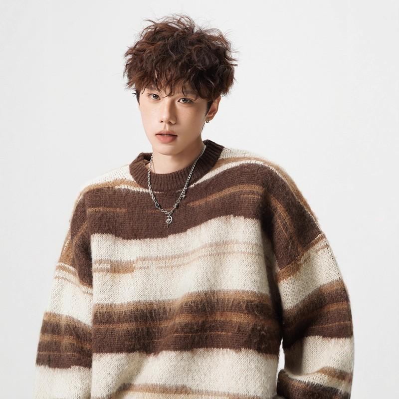 Men Women Striped Knit Sweater Loose Fit Casual Crewneck Pullover Winter