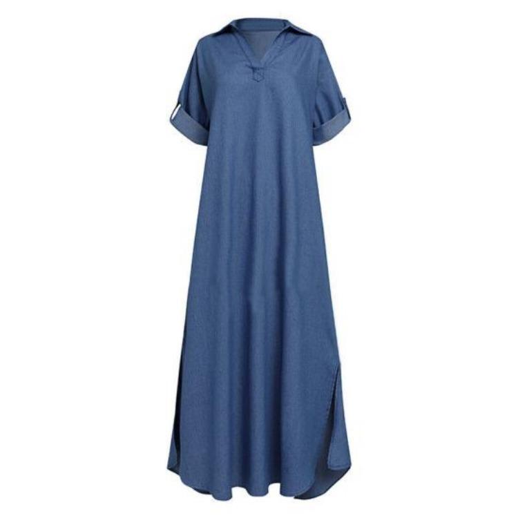 

Maxi Dress Loose V Neck Half Sleeve Women M светло-синий