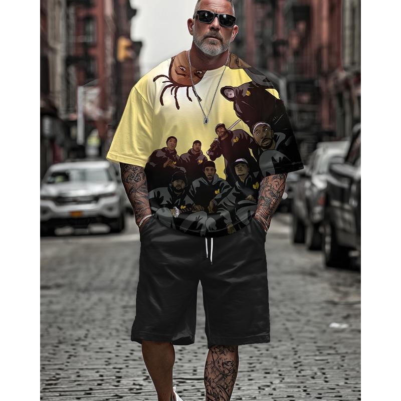 

Men s Plus Size Summer Casual Outfit - All Over Print Hip-Hop Legends Short Sleeve T-Shirt and Shorts Two-Piece Set 6XL