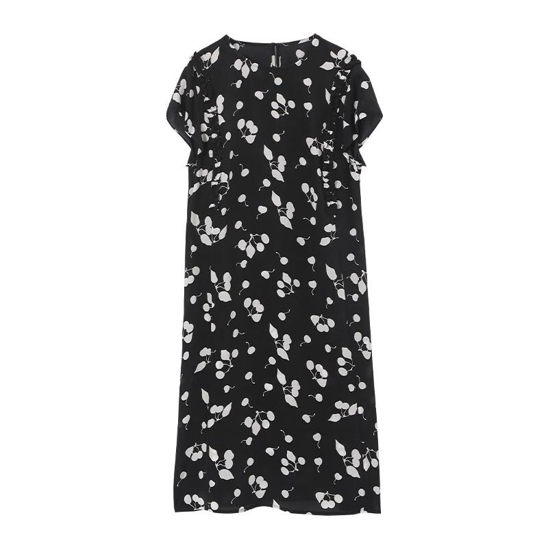 SOFSIL 2026 Summer 100% Mulberry Silk Black Floral Midi Dress
