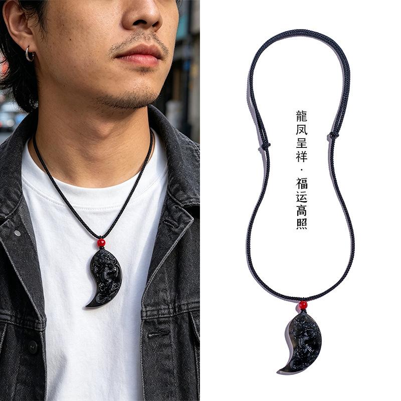 Couple Dragon Phoenix Serpentine Vintage Chinese Handmade Pendant Necklace