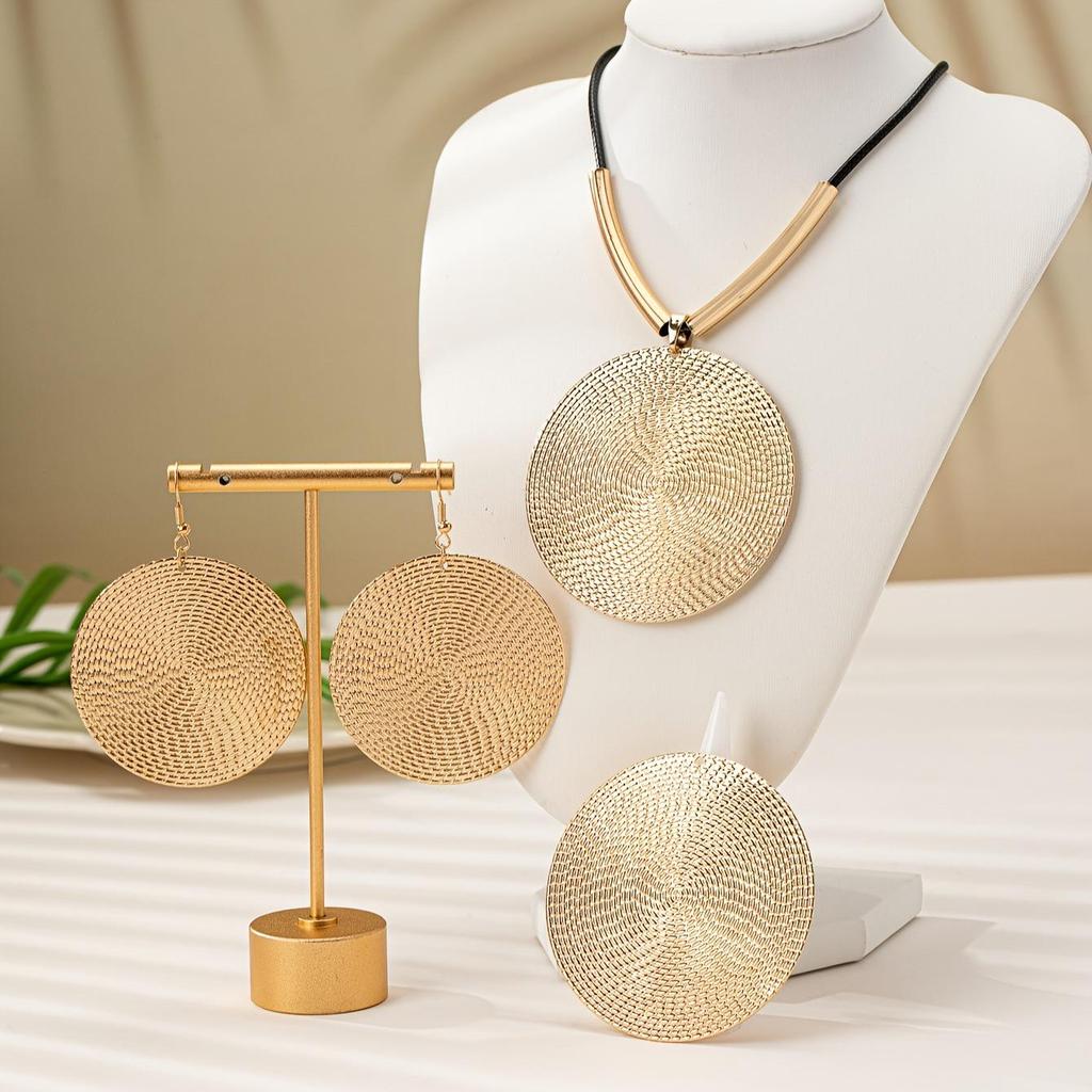 European & American Style Double Circle Pendant Necklace, Ring, and Earrings Set with Bold Texture