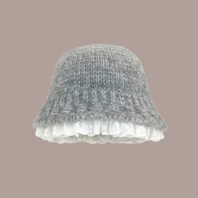 

Spring and Autumn Warm Sweet Versatile Season Lace Knitted Bucket Hat Female one size