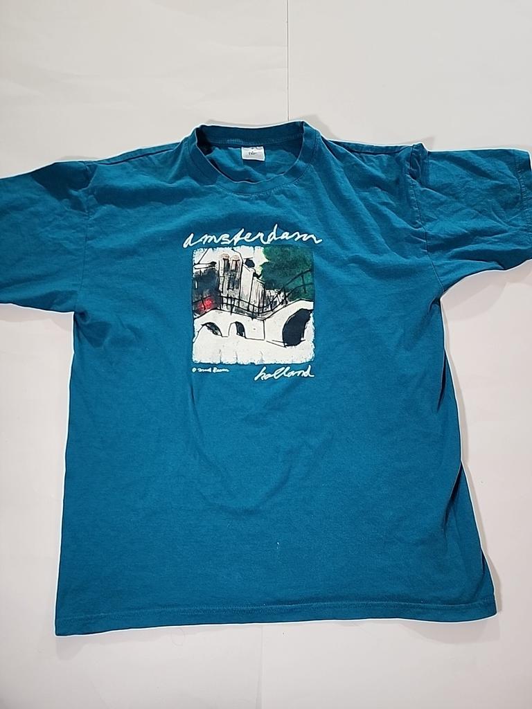 Vintage 90s Mark Raven Amsterdam Holland Art T Shirt Teal Blue Size Medium Unisex T-Shirt