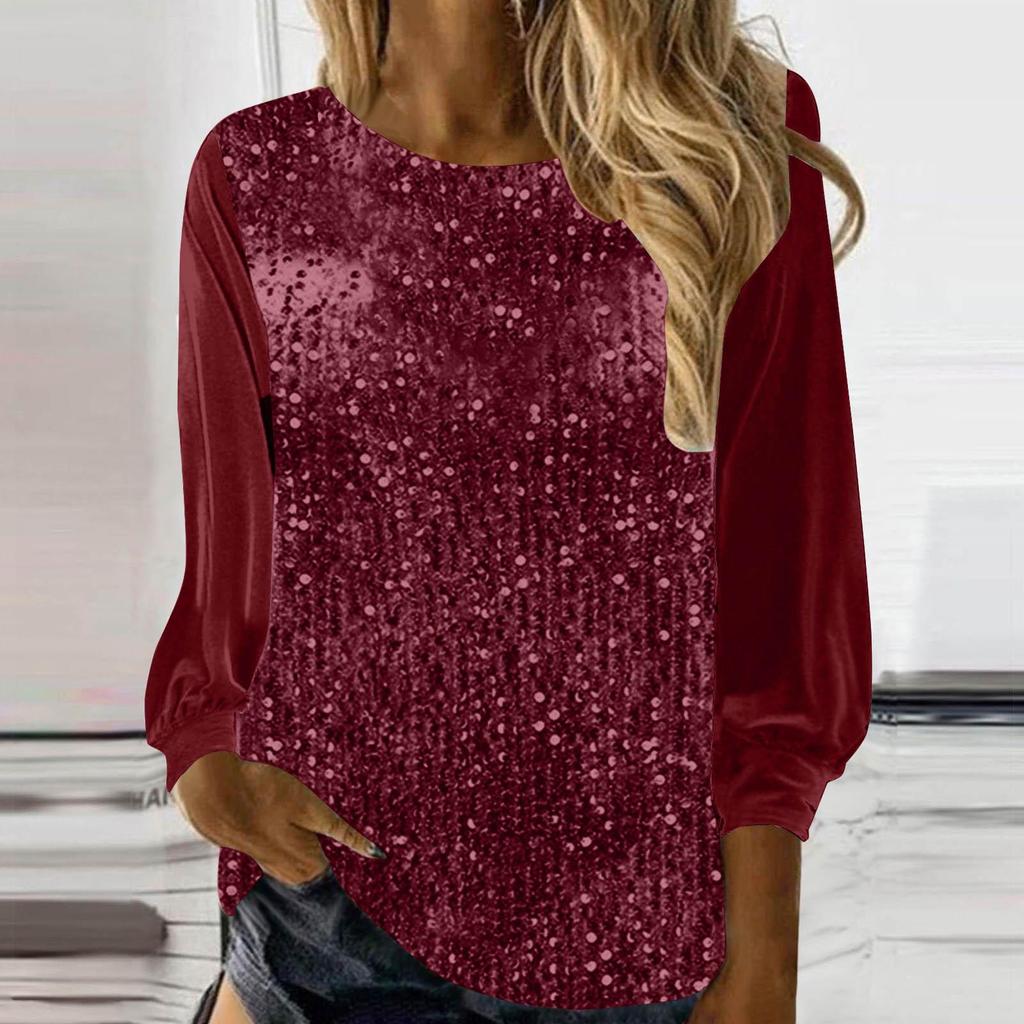 2025 European & American Women's Casual Sequin Round Neck Long Sleeve Pullover