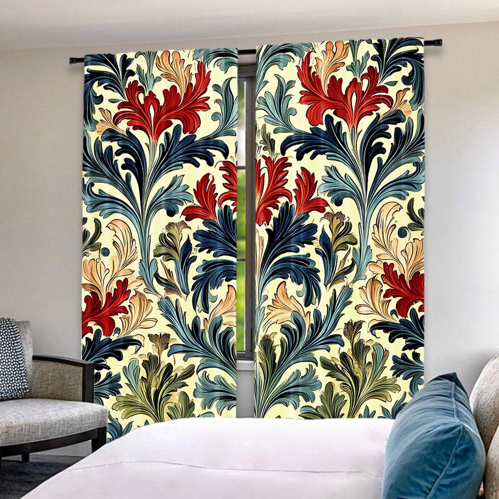 Set Of 2 Boho Style Red Flower Retro Curtain Original Design Abstract Shading Suitable Kitchen Bedroom Living Polyester Ideal For