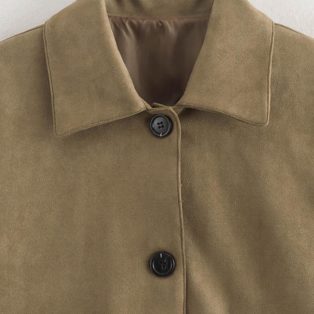 Women's Suede Pocket Jacket with Turn-Down Collar - 2024 Autumn Casual European & American Style