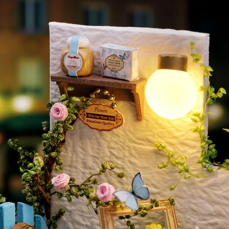 DIY Wooden Miniature Dollhouse Kit [Garden Corner] Handmade Interior for Beginners, Stylish Gift, 3D Puzzle, LED Light and Dustproof Cover Included