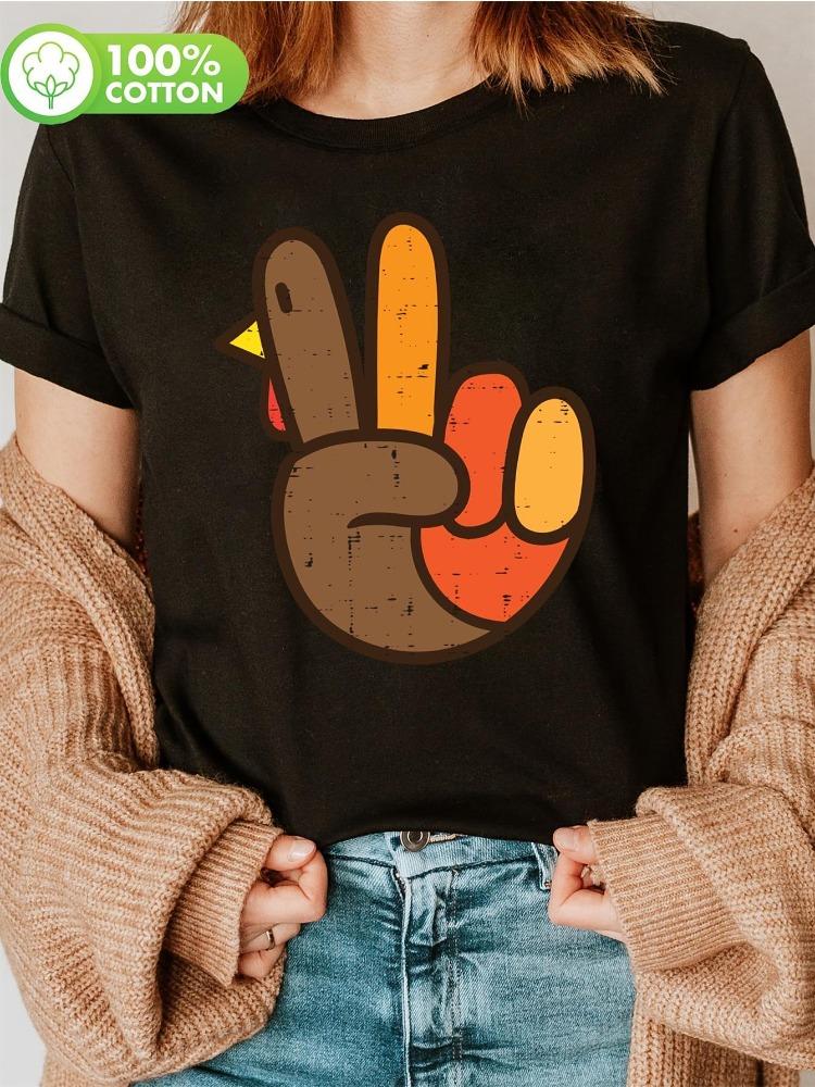 Womens Thanksgiving HandPainted Turkey Peace Symbol ShortSleeve TShirt Soft Crew Neck Top Casual Hippie Style AllSeason Wear