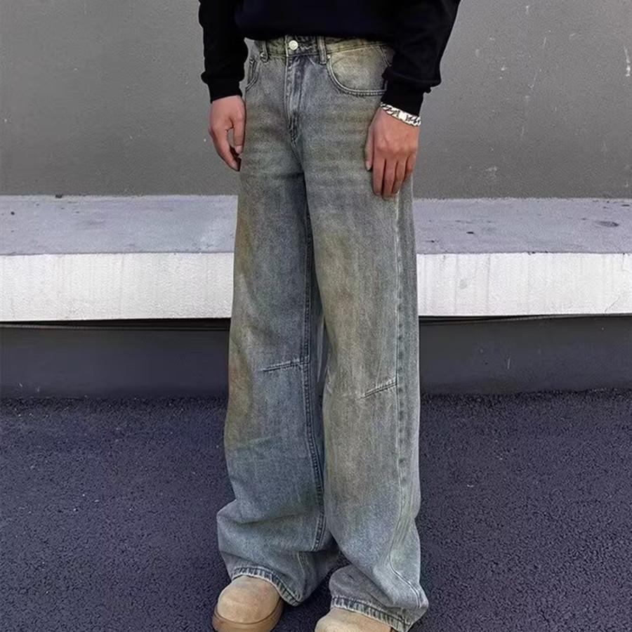 American high street retro old washed scimitar jeans men's retro loose wide legs versatile mopping trousers men