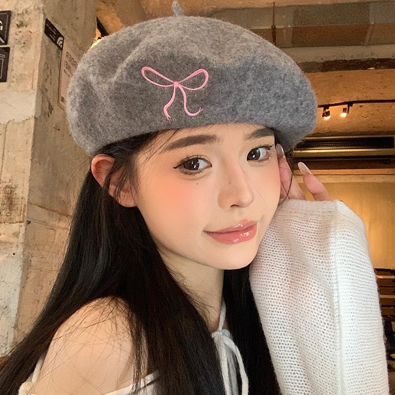 Stylish Korean Inspired Bow Embroidered Wool Beret Hat For Women Perfect For Fall And Winter Fashion