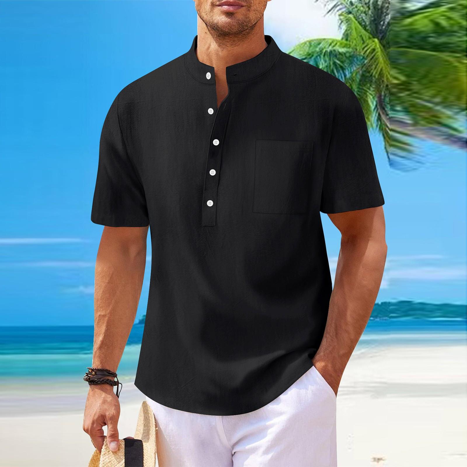 

Мужская рубашка с воротником-стойкой и коротким рукавом, свободная рубашка для отдыха и отдыха, мужская L чёрный