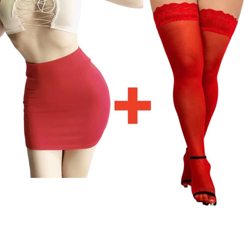 2PCS/SET Women High Waist Pencil Mini Skirts+Stockings Dress Set,Sexy Casual Wrap Hips Black Short Skirt and Pantyhose