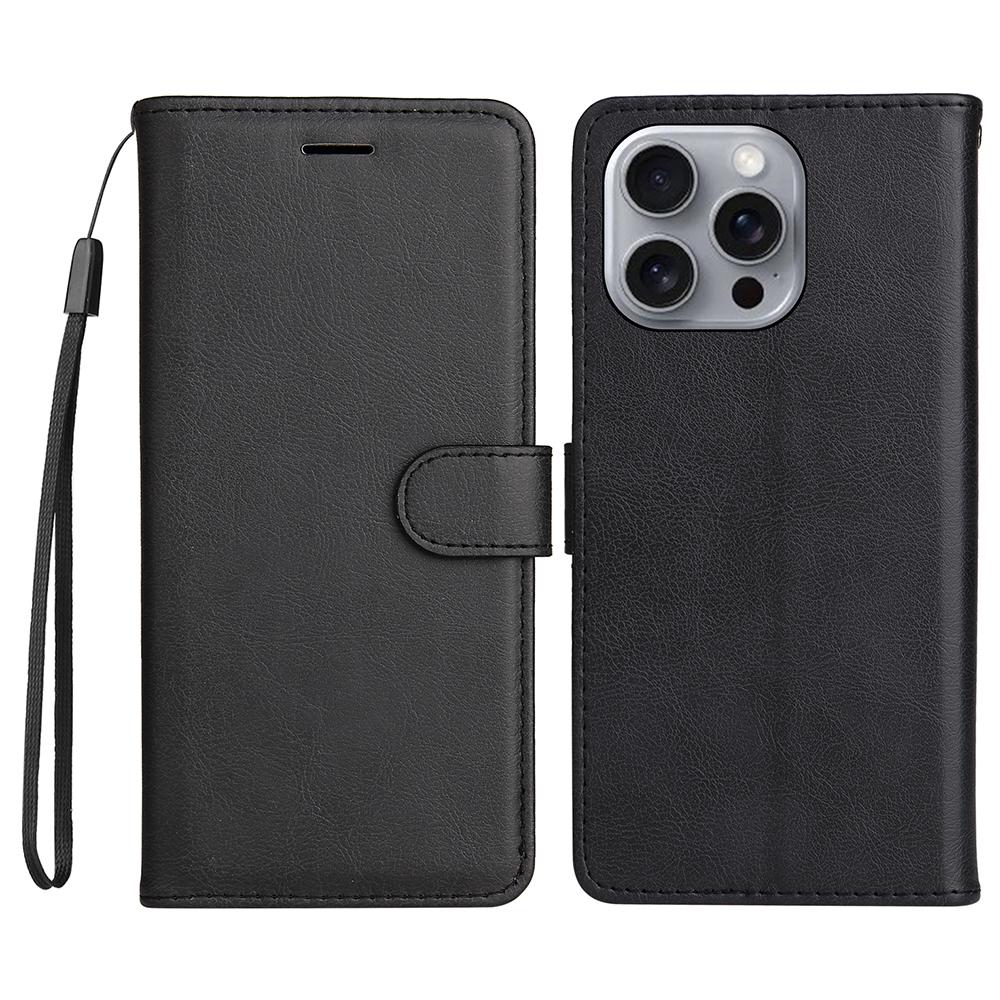 

Для iPhone 16 Pro Max Чехол Однотонный Кожаный Мобильный Чехол Кошелек Подставка с Ремешком Black