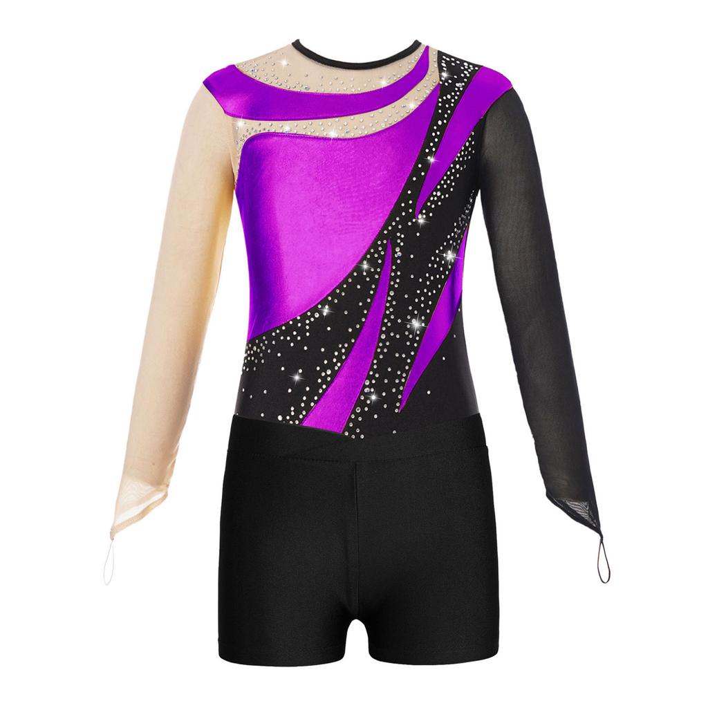 Kids Girls Gymnastics Figure Skating Outfit Patchwork Leotard Mesh Long Sleeve Keyhole Back Bodysuit with Shorts
