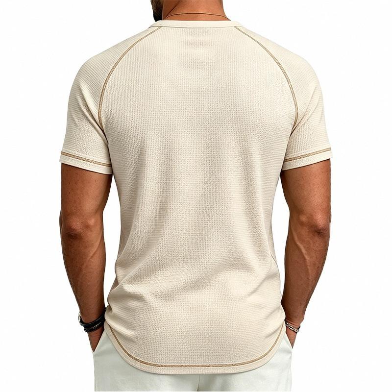 Mens Waffle Henley Collar Raglan Short Sleeve Color Block Casual T Shirt