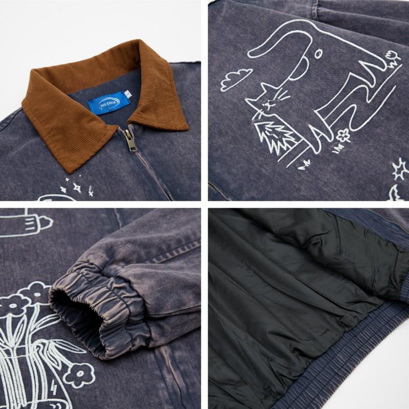 Mens Vintage American Style Denim Jacket Fun Graffiti Print Loose Fit Casual Outerwear