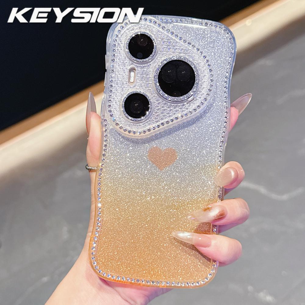 KEYSION Gradient Love Heart Wavy Phone Case for Huawei Pura 70 80 Pro 80 70 Ultra Glitter Jewelled Lens Protector Shockproof Cover