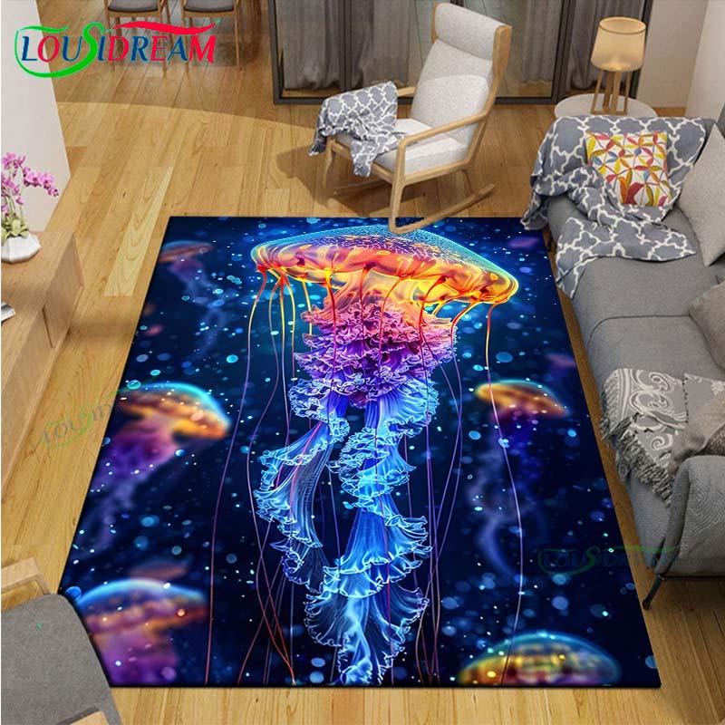Marine Fish, Sea Turtles, Jellyfish Printed Carpet Outdoor Area Rug Non -slip Carpet Bedroom Decor Carpet for Living Room Gift