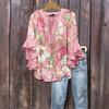 Women Shirt V-Neck 3/4 Ruffle Sleeves Floral Print Anti-Wrinkle Bohemian Blouse Loose Fit Ultra Lightweight Beach Shirt