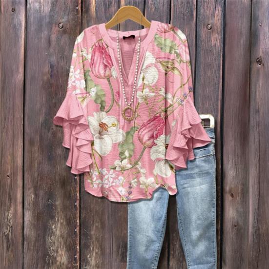 Women Shirt V-Neck 3/4 Ruffle Sleeves Floral Print Anti-Wrinkle Bohemian Blouse Loose Fit Ultra Lightweight Beach Shirt