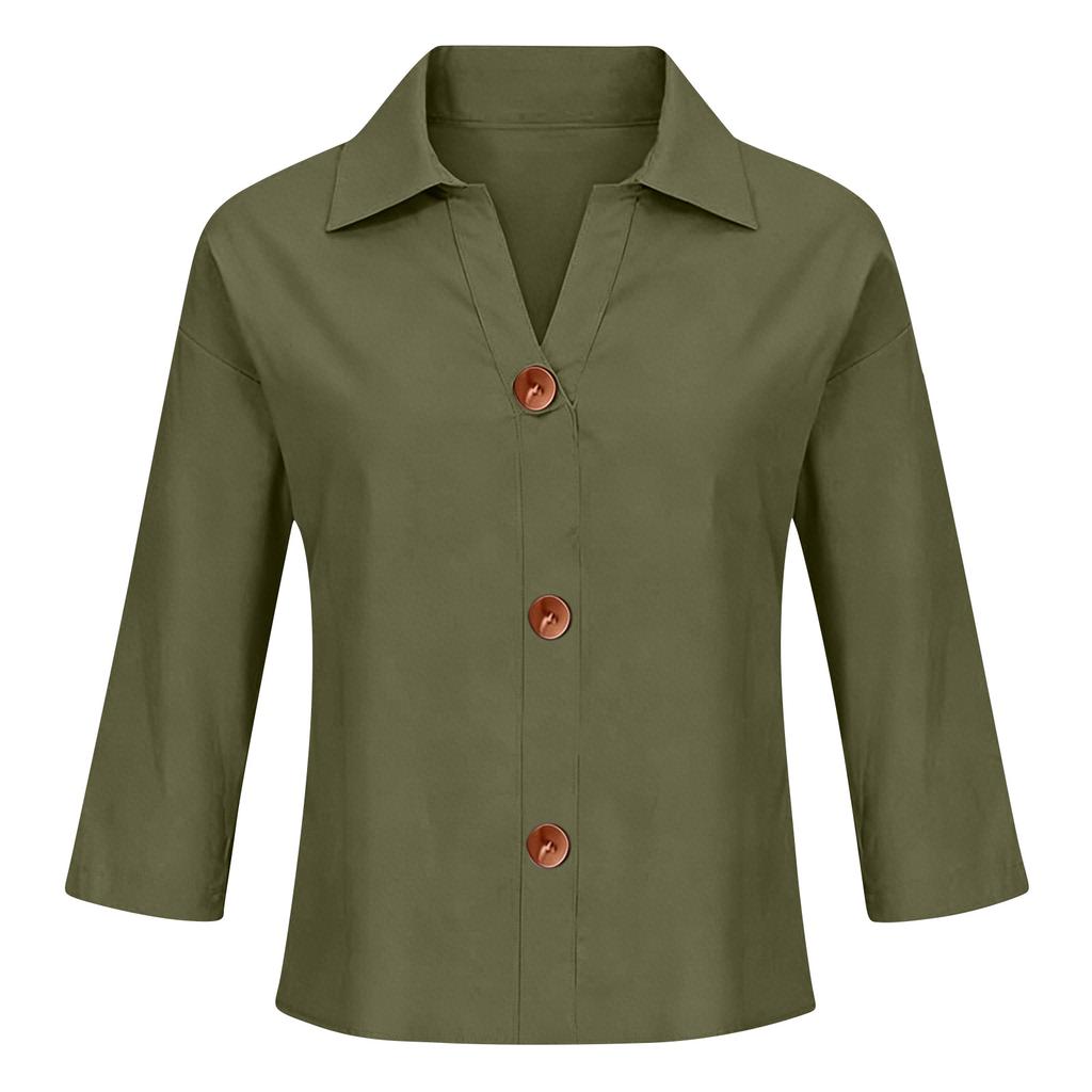 Women's Casual Loose Fit Button Down Shirt Three Quarter Sleeve Collared Blouse Lightweight Soft Fabric Relaxed Style