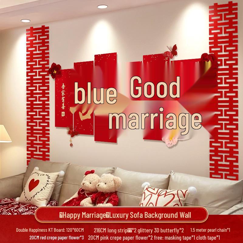 Wedding Decoration Set: Sofa Background, Bedroom Bedside, and Double Happiness Board for Groom's New House