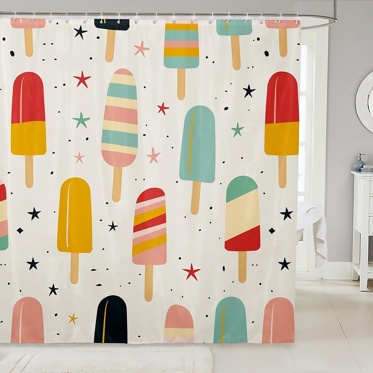 

Girls Ice Cream Shower Curtain Cartoon Dessert Pattern Fabric Shower Curtain Kids Colorful Ice Cream Cake Bathroom Waterproof W60H190(CM)-1 Pcs