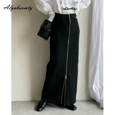 Korean Fashion Autumn Winter Women Stylish Maxi Long Skirt High Waist Black Knitting Zipper Skirt Split Knitted Feminine Classical Skirts Womens