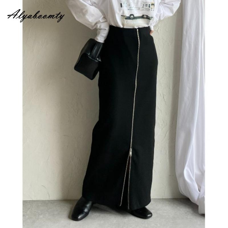 Korean Fashion Autumn Winter Women Stylish Maxi Long Skirt High Waist Black Knitting Zipper Skirt Split Knitted Feminine Classical Skirts Womens