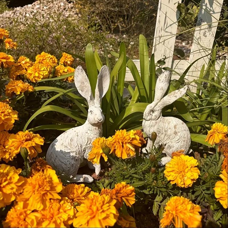 2 Vintage Style White Rabbit Resin Sculptures for Antique Decoration In Gardens and Balconies