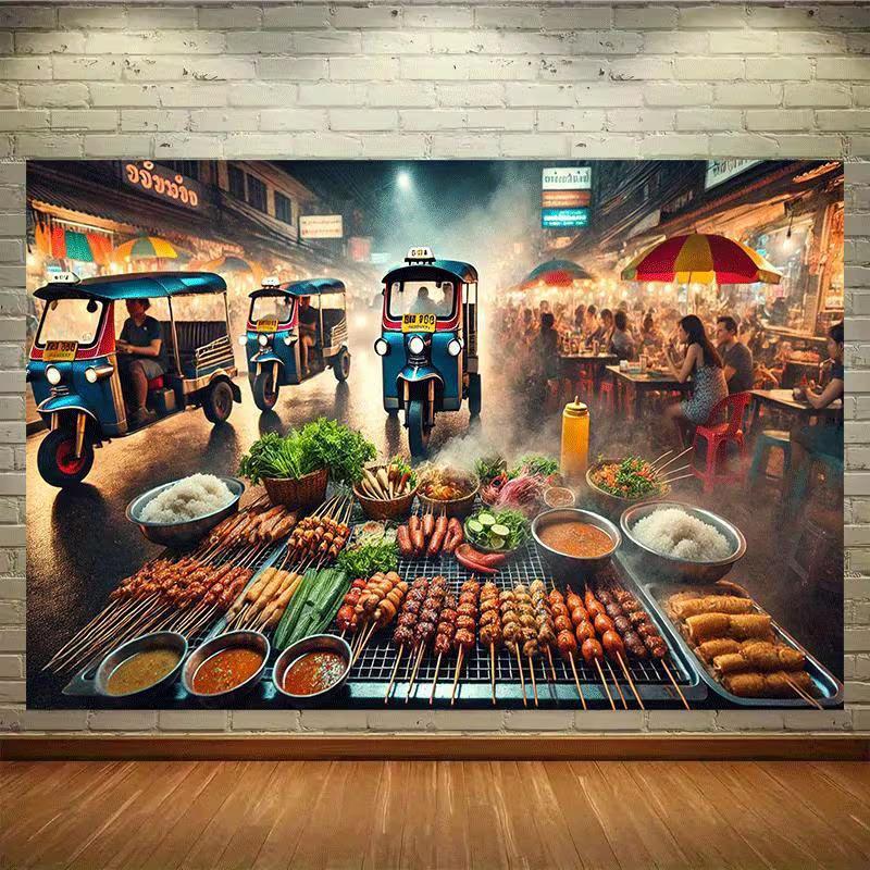 

2D Retro Thai Night Market Backdrop, Grilled Skewers & Tuk-tuk Wall Decor 47.2x31.5inch/120*80cm