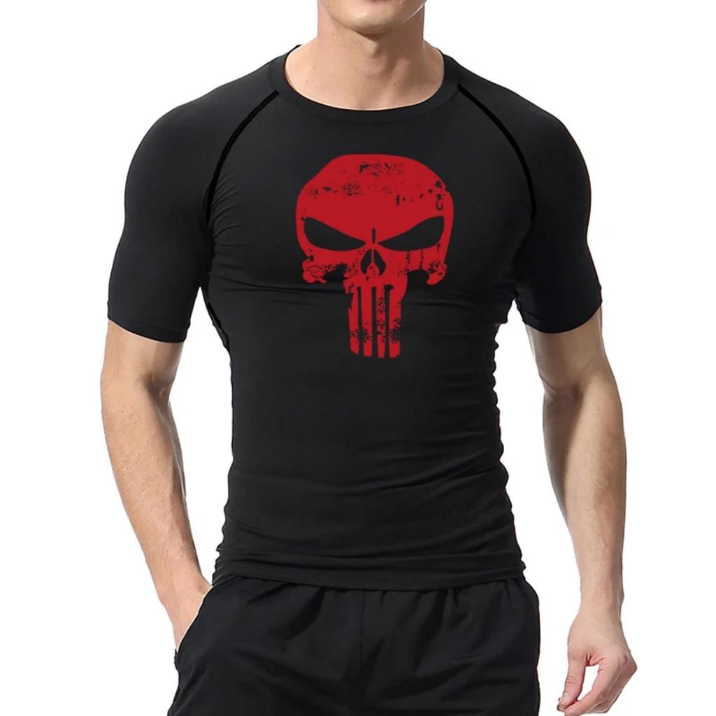 Skull Print Compression Shirts for Men Gym Workout Running Tshirts Sporty Athletic Quick Dry Tees Tops Short Sleeve Rash Guard