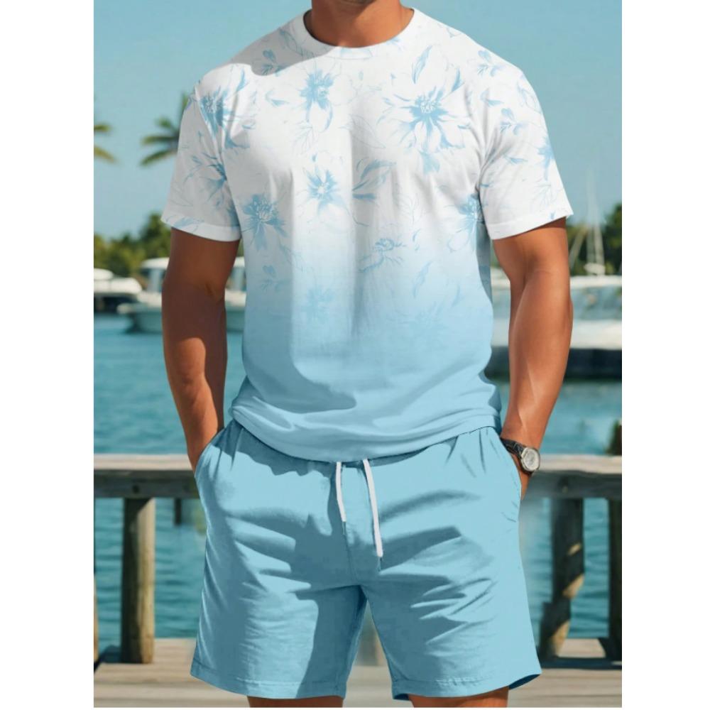 

Summer Men Tropical Floral Print Round Neck Short Sleeve Casual T-Shirt And Shorts Set Beach Outfit Men Beach Tops Shorts Suit S