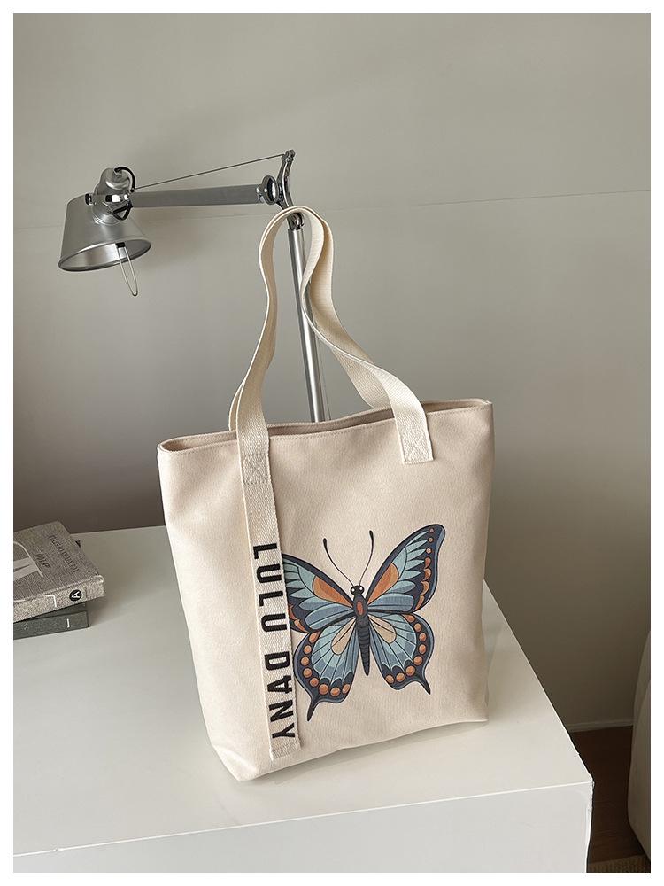 Women's Retro Butterfly Print Canvas Shoulder Bag - Stylish, Artistic, Large Capacity for Beach & Casual Use