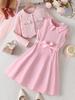 Mädchen Rosa Jacquard Cardigan & Schleifenkragen Kleid Zweiteiliges Herbst-Set