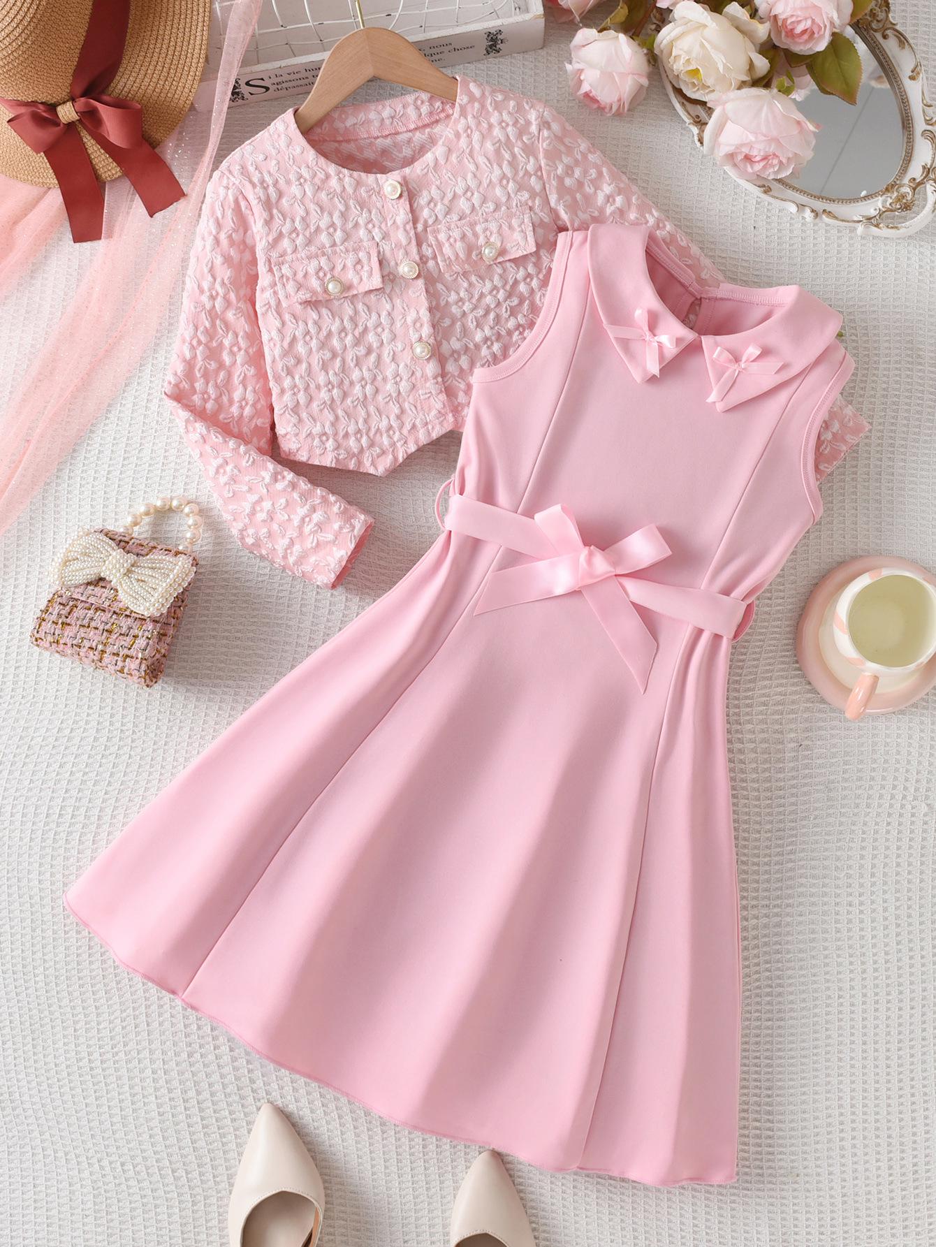 

Дитячий рожевий жакардовий кардиган та сукня з коміром-бантом Осінній комплект з двох предметів 5-6 Years