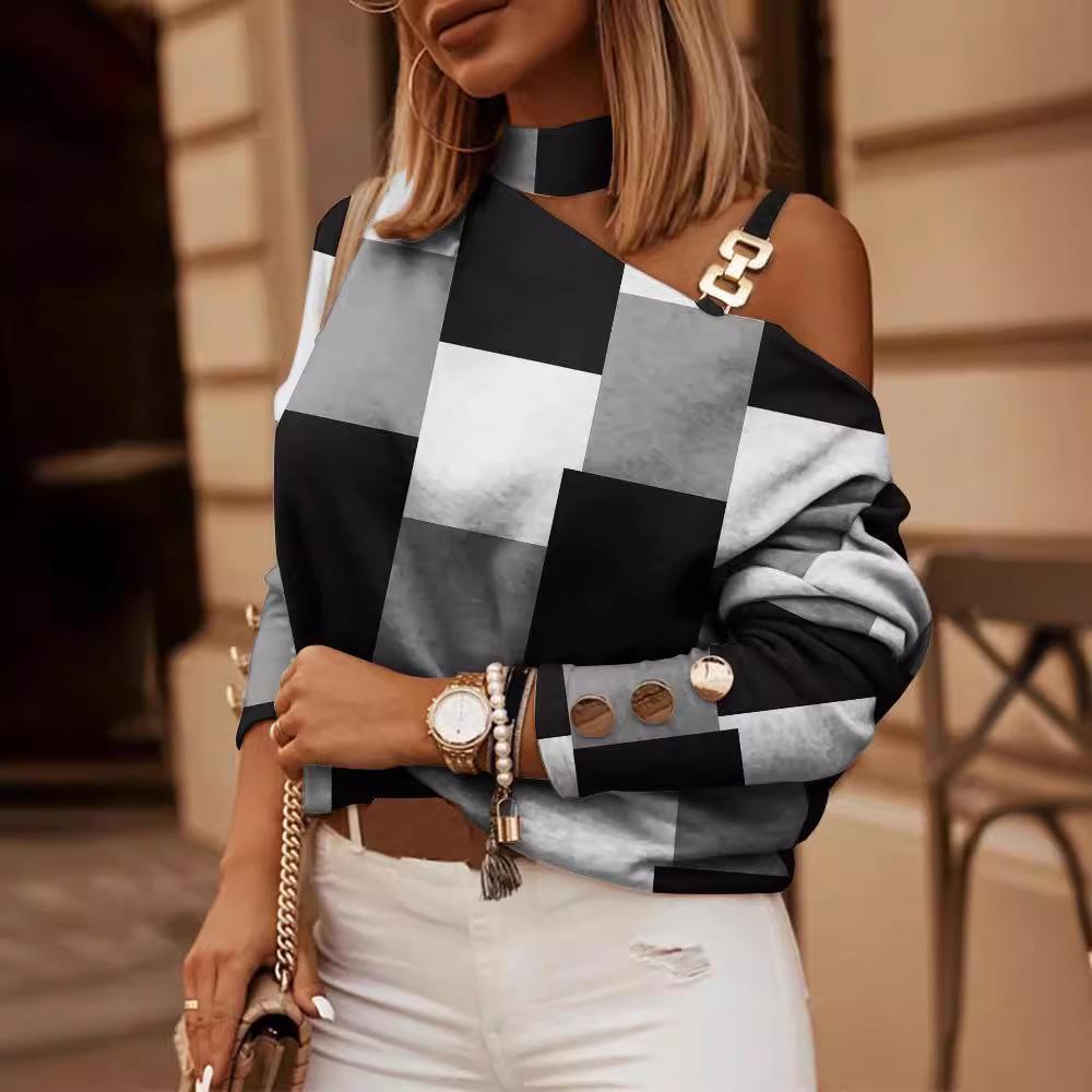 2023 Chain Halterneck Print Long Sleeve Top - Women's Autumn/Winter Collection
