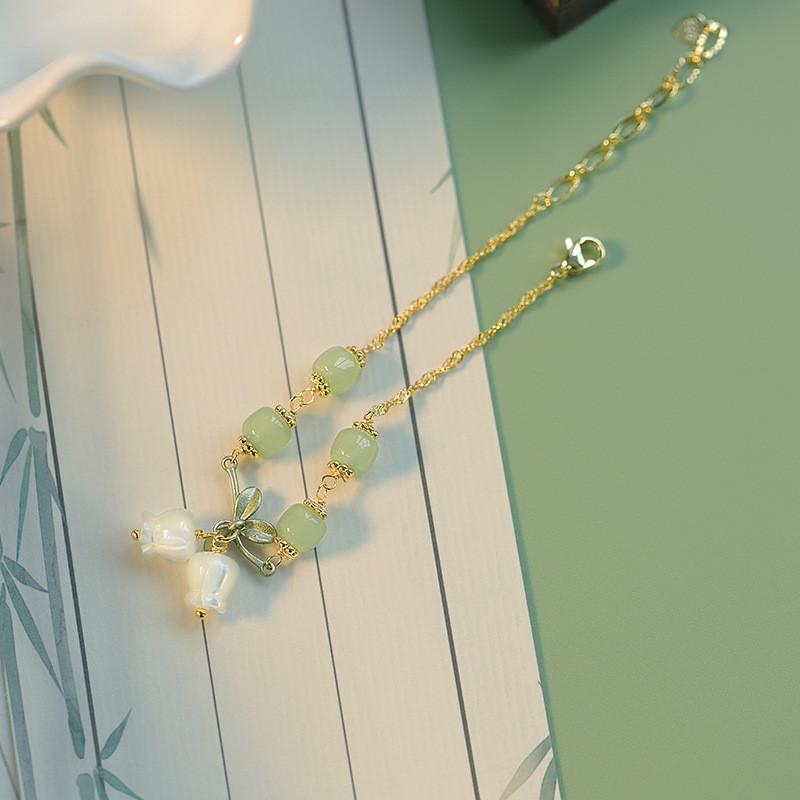 IFME Crystal Flower Leaf Bracelets for Women Fashion Lily of The Valley Pendant Beads Bracelet Accessories Jewelry