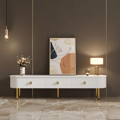 Lowboard TV Cabinet, with 3 Drawers, Golden Handles and Legs, Curved Corners, Large Storage Space, Modern Design