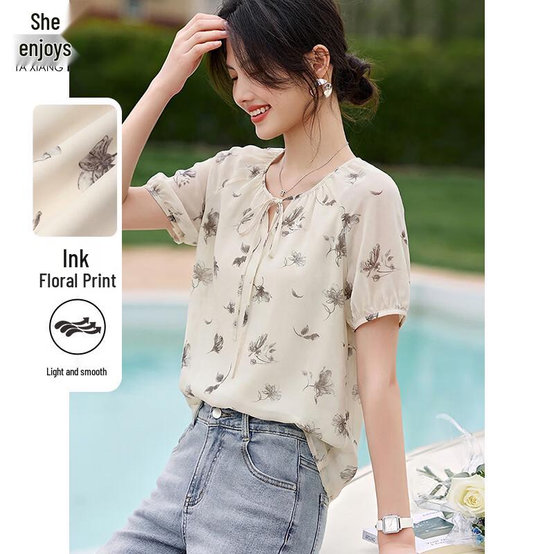 Women s Floral Tie-Neck Short Sleeve Chiffon Blouse L